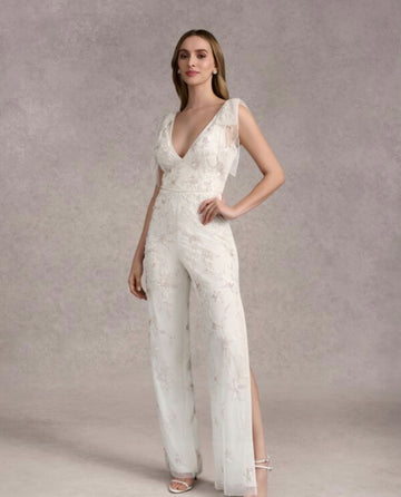 Adrianna Papell 40411 Side Slit Bow Strap Wedding Jumpsuit