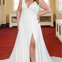 Michelle Bridal For Sydney's Closet MB2304 A-Line Bridal Chiffon Boho Lace Sleeveless V-Neck Plus Size "Taye" Bridal Dress