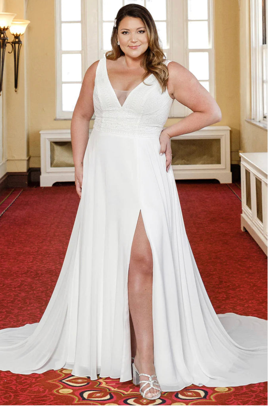 Michelle Bridal For Sydney's Closet MB2304 A-Line Bridal Chiffon Boho Lace Sleeveless V-Neck Plus Size "Taye" Bridal Dress