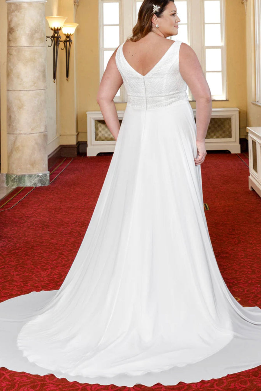 Michelle Bridal For Sydney's Closet MB2304 A-Line Bridal Chiffon Boho Lace Sleeveless V-Neck Plus Size "Taye" Bridal Dress